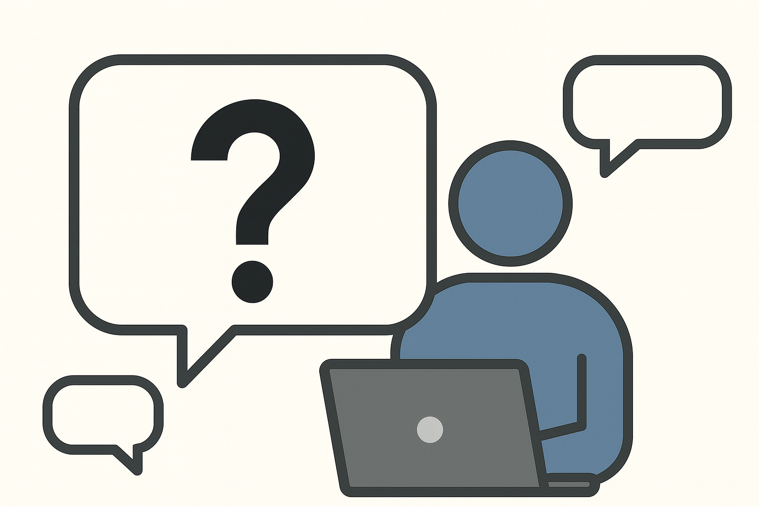 Person med många frågor sittandes vid dator